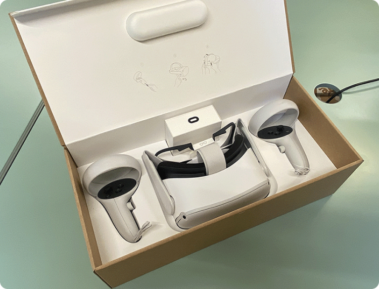 Virtual reality headset met controllers in verpakking.