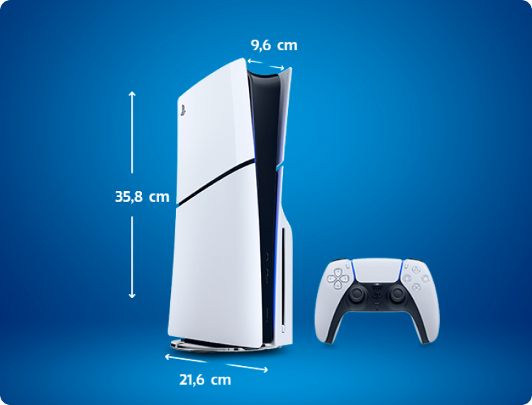 PlayStation console met controller en afmetingen.