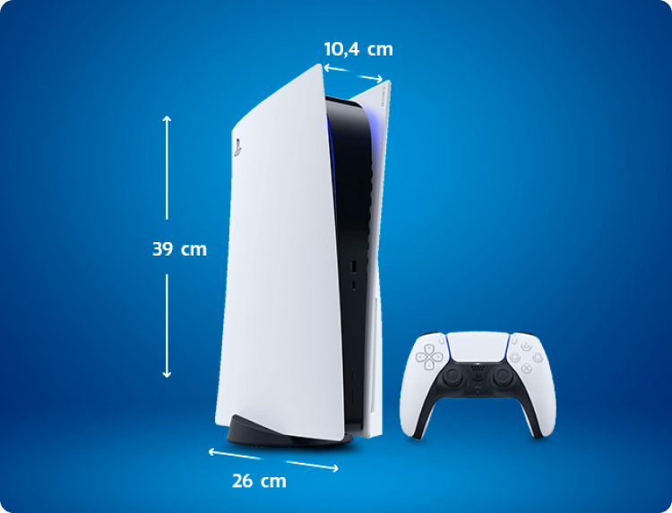 Spelconsole met controller, afmetingen weergegeven.