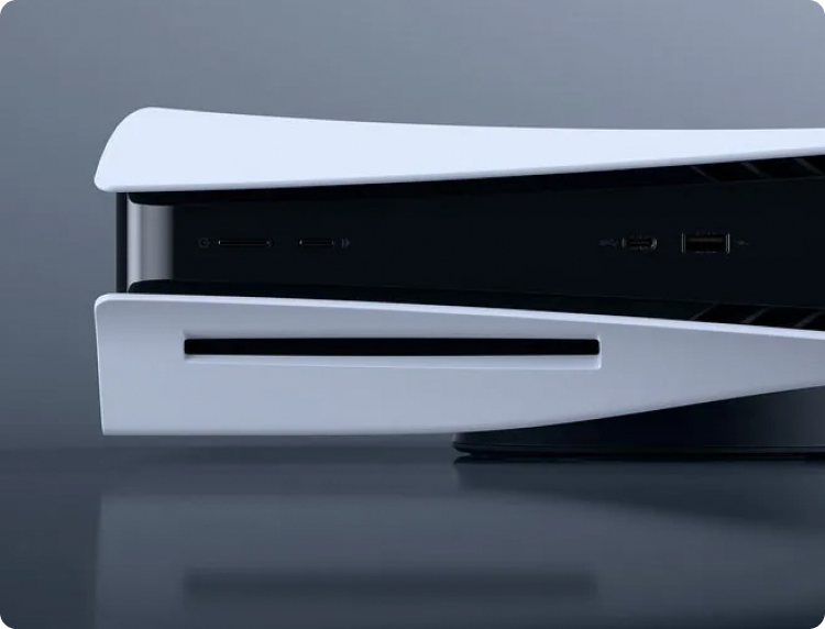 Zijaanzicht van moderne witte spelconsole.