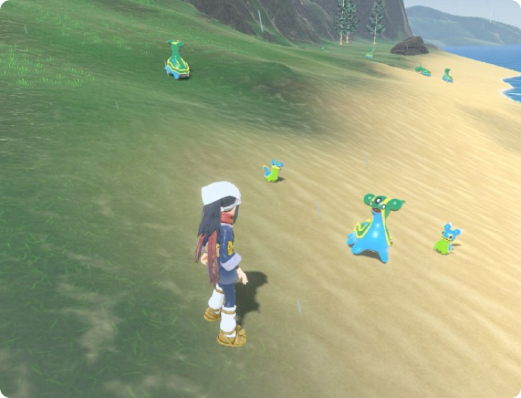 Spelpersonage op strand met kleurrijke wezens