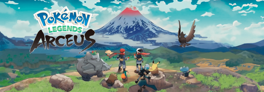 Pokémon Legends Arceus spelpersonages in bergachtergrond