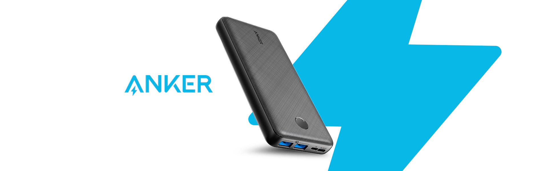 Zwarte powerbank met USB-poorten, merklogo Anker