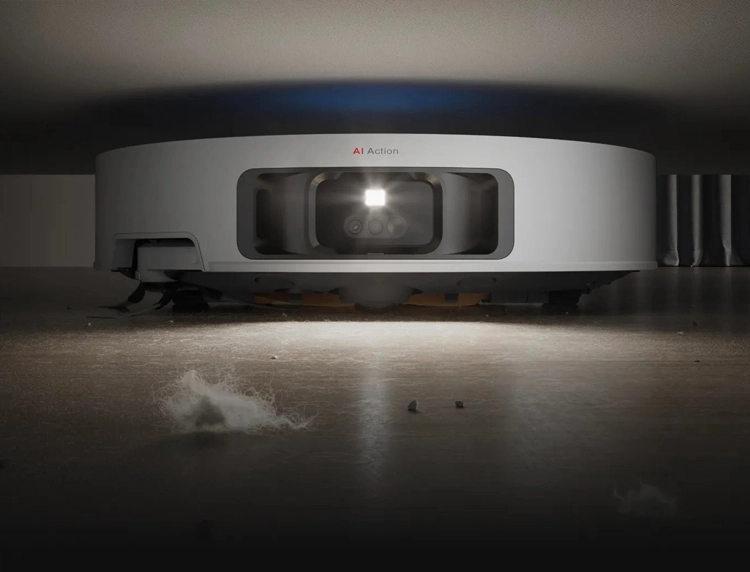 Robotstofzuiger onder bank met zaklamplicht